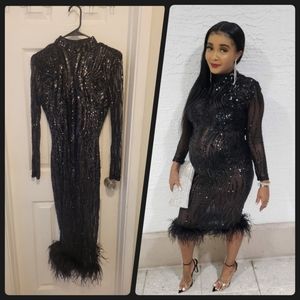 Sexy sequin black lace dress with feathers